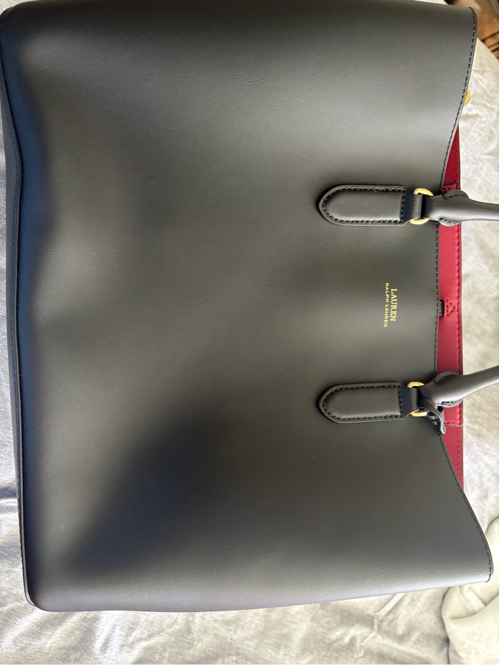 Lauren Ralph Lauren Black Leather Tote with Red Interior Trim